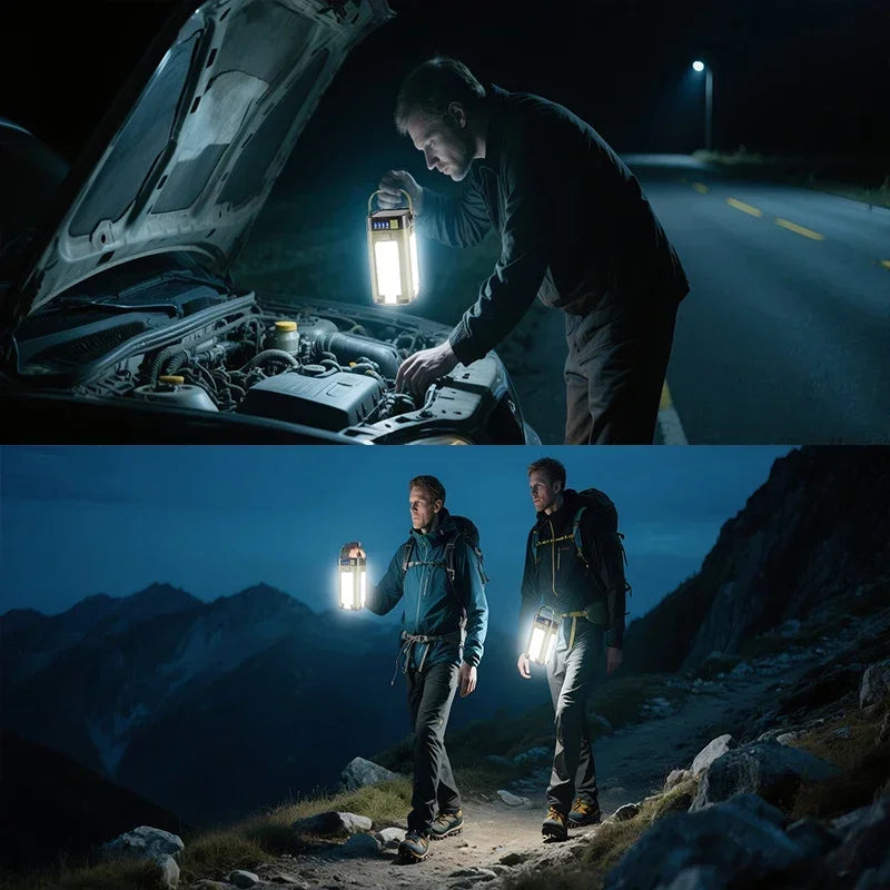 A two-panel lifestyle image showing a man using a lantern in different scenarios: first, shining it into a car engine on a dark road at night, and second, hiking with two other people in a mountainous night setting.