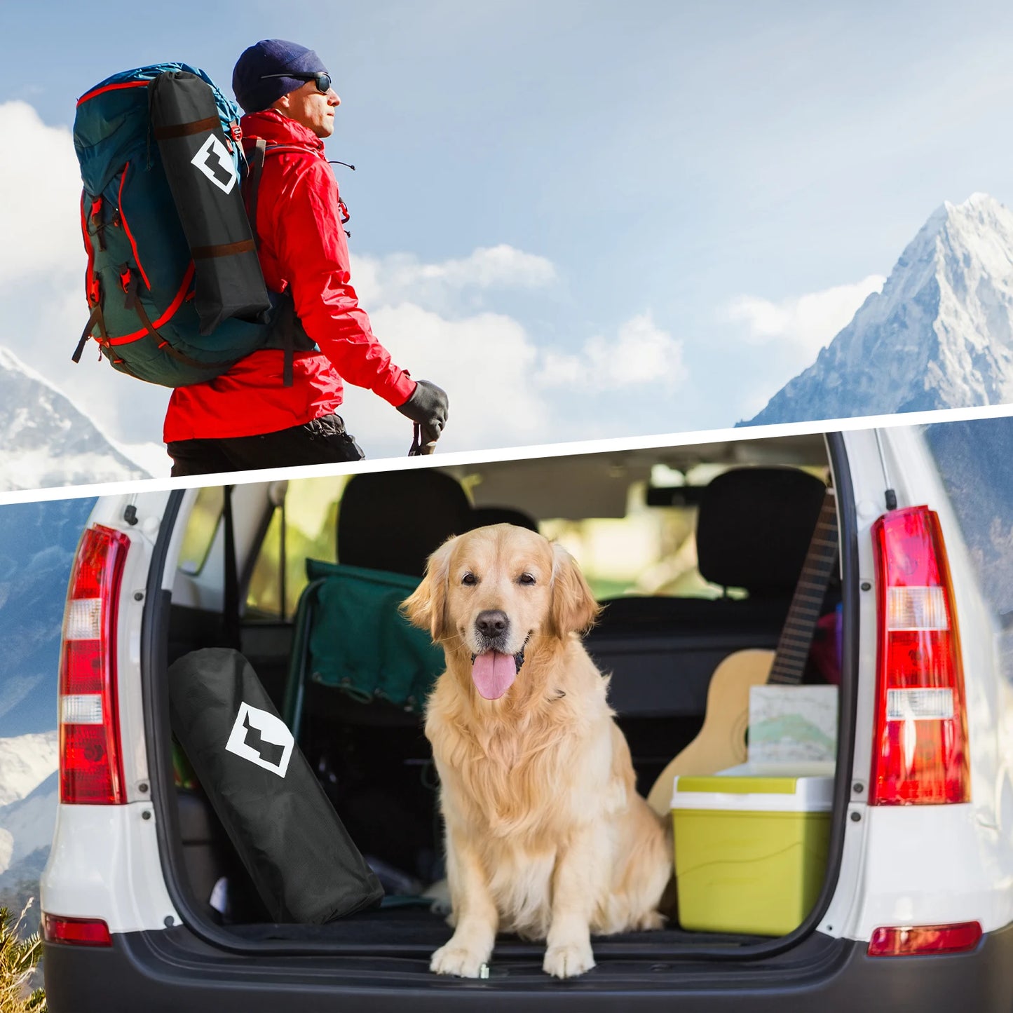 Man with a backpack hiking and a dog sitting in a car trunk with camping gear.