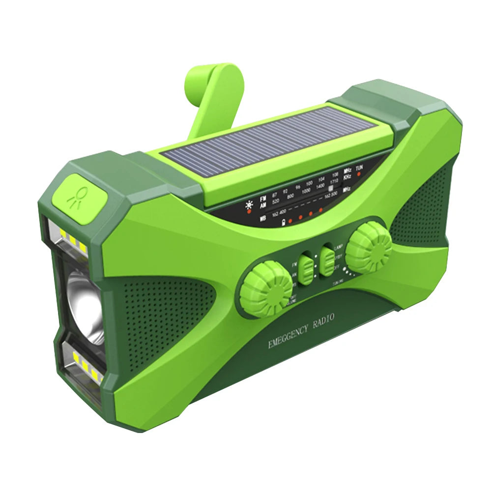 Green emergency radio with solar panel on a white background