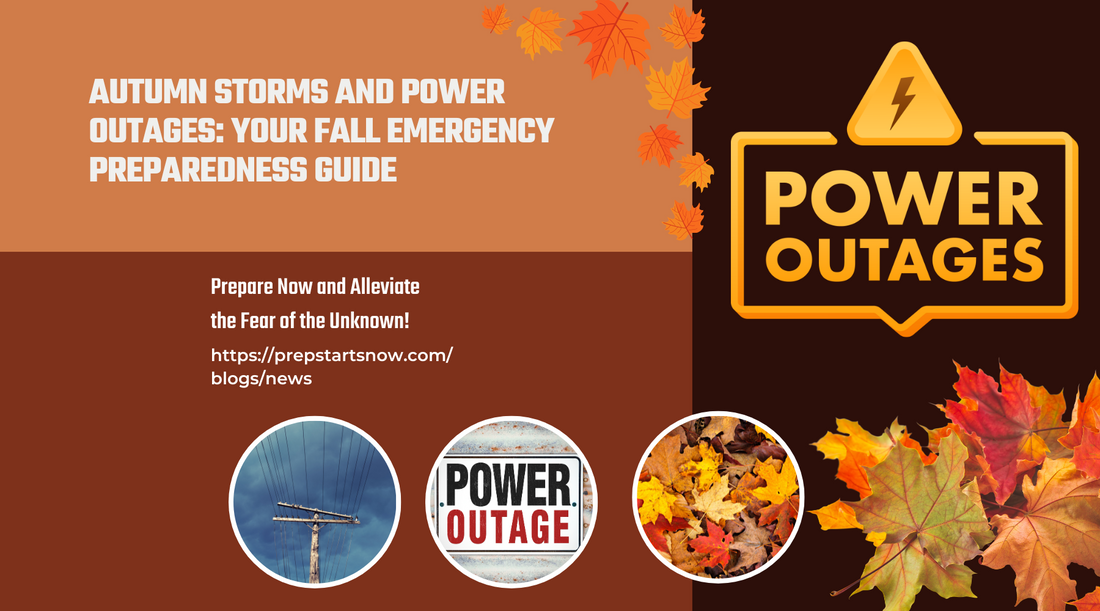 Autumn Storms and Power Outages: Your Fall Emergency Preparedness Guide (Picture of fall colored leaves and a power outages warning sign) 
