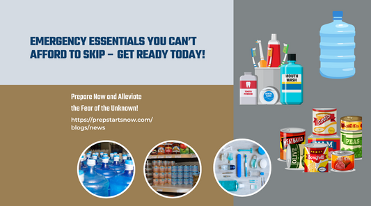 Emergency Essentials You Can't Afford to Skip - Get Ready Today! (Picture of emergency kit items such as water, hygiene products, & cans of food