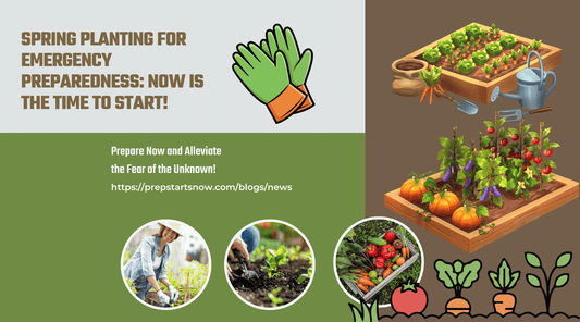 Spring Planting for Emergency Preparedness - raised garden beds with vegetables, gardening tools, and people planting seedlings