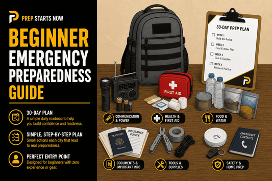 Beginner preparedness infographic with 30-day plan and essential supplies