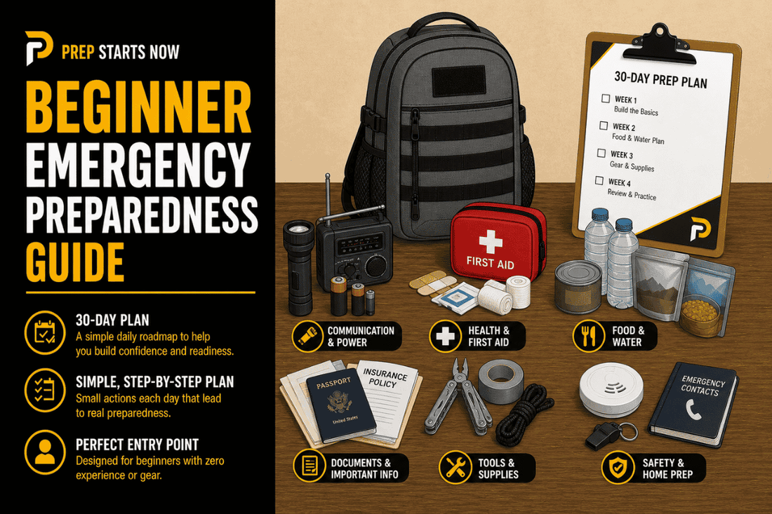 Beginner preparedness infographic with 30-day plan and essential supplies