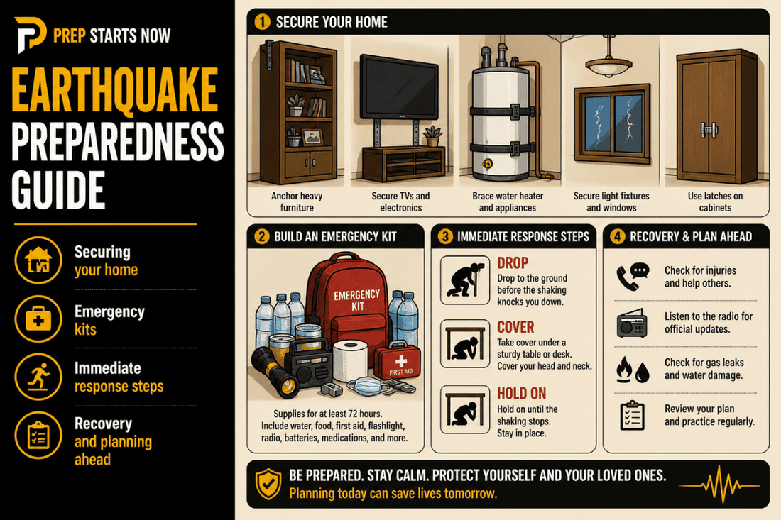 Earthquake preparedness infographic with home safety steps, emergency kit, and response actions.