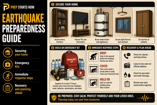 Earthquake preparedness infographic with home safety steps, emergency kit, and response actions.