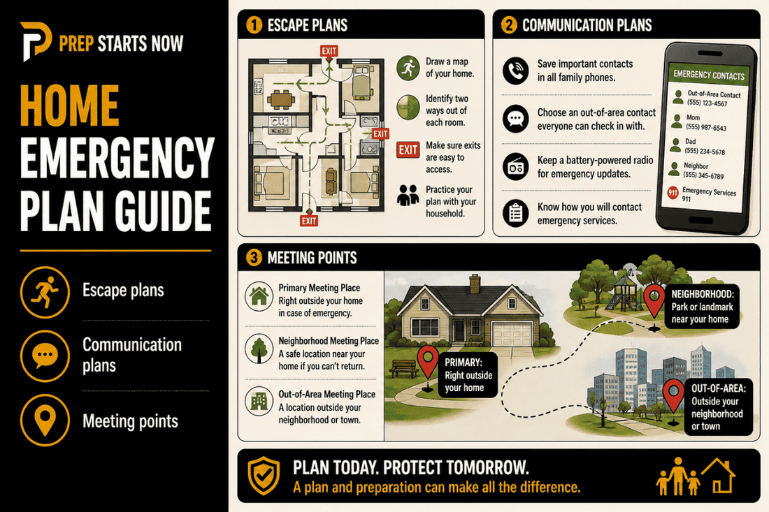 Home emergency plan infographic with escape routes, communication planning, and meeting points for family safety.