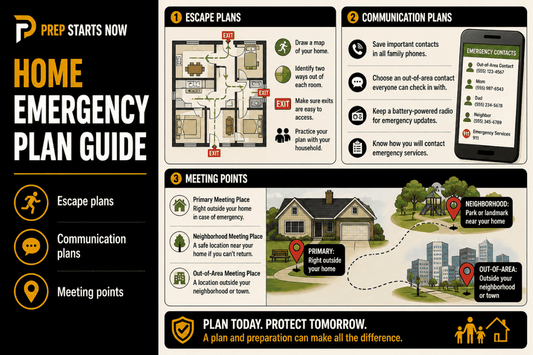 Home emergency plan infographic with escape routes, communication planning, and meeting points for family safety.