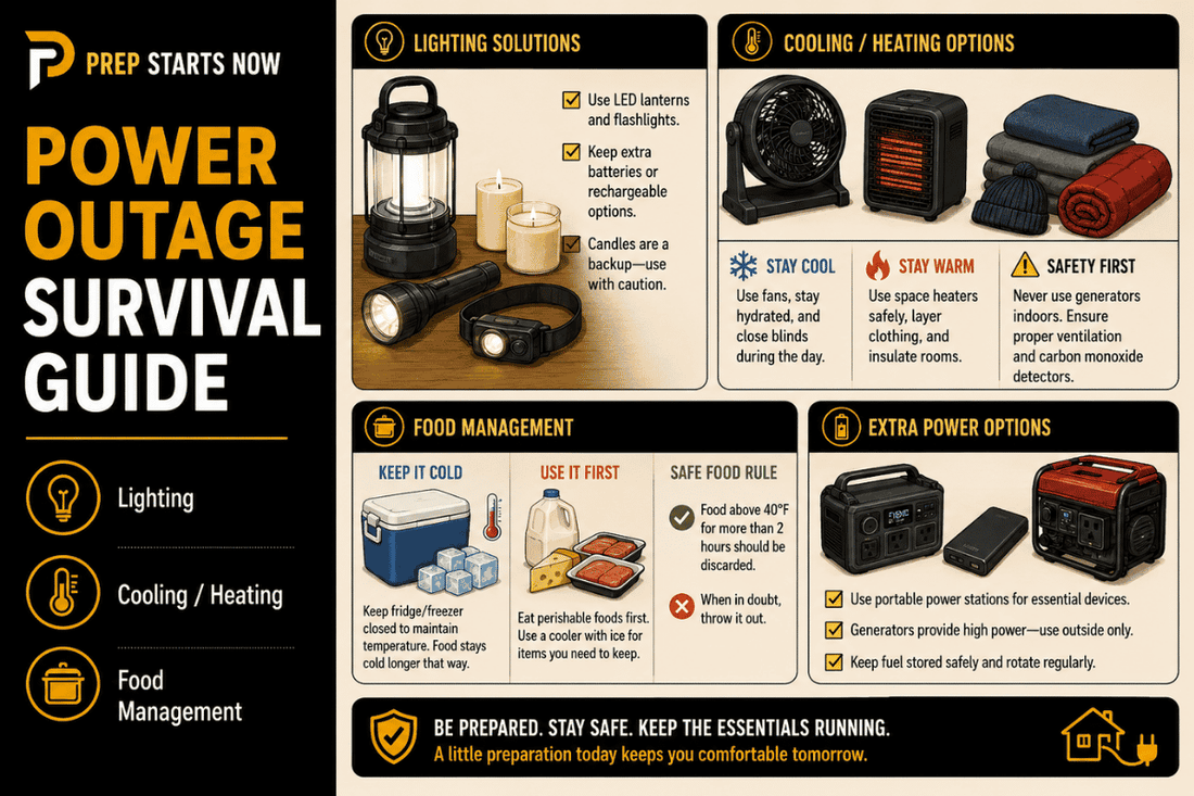 Power outage survival infographic with lighting, heating, food management, and backup power solutions.
