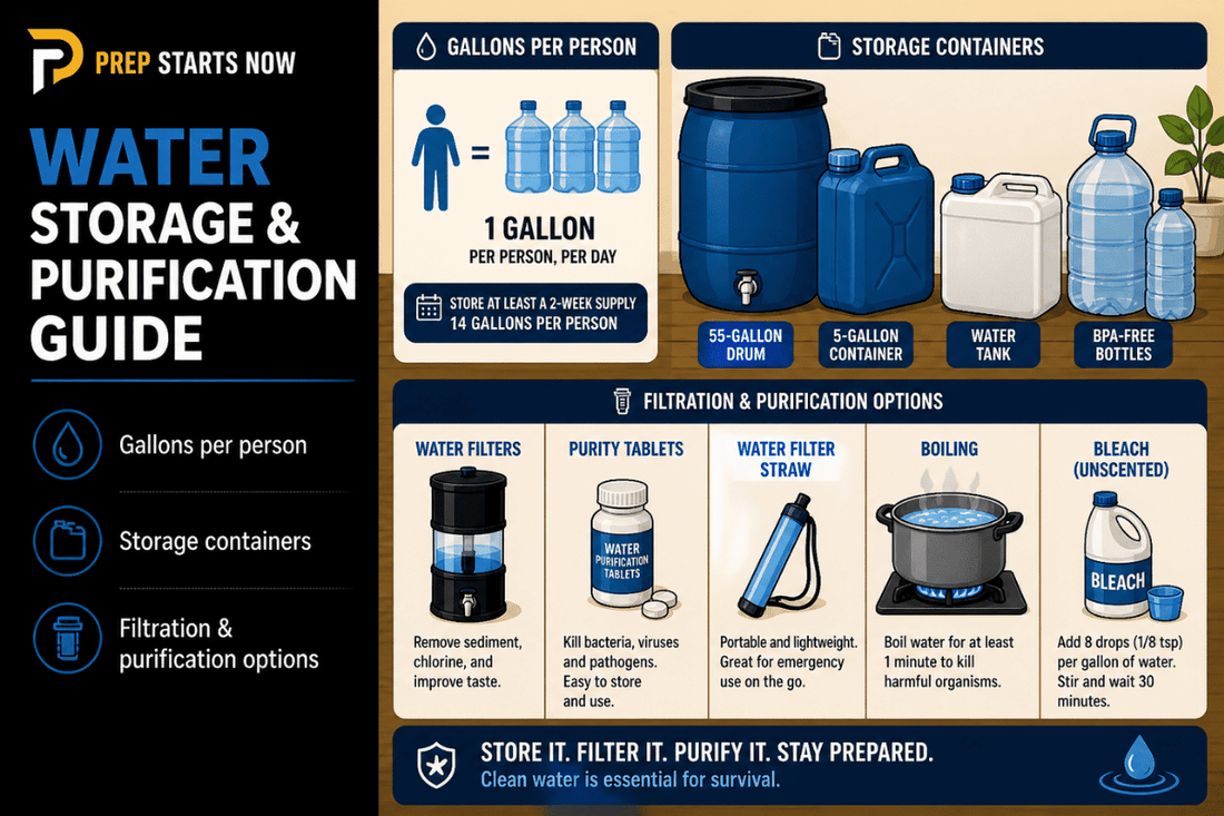 Water storage and purification infographic with containers, gallon guidelines, and filtration methods.