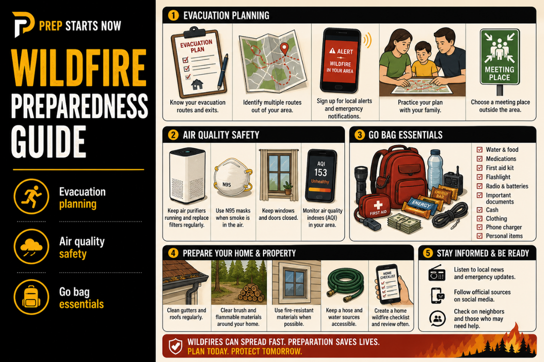 Wildfire preparedness infographic with evacuation planning, air quality safety, and go bag essentials