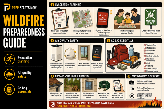 Wildfire preparedness infographic with evacuation planning, air quality safety, and go bag essentials