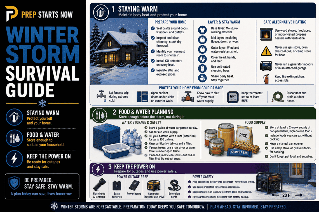 Winter storm survival infographic with sections for staying warm, food and water planning, and power outage preparation.