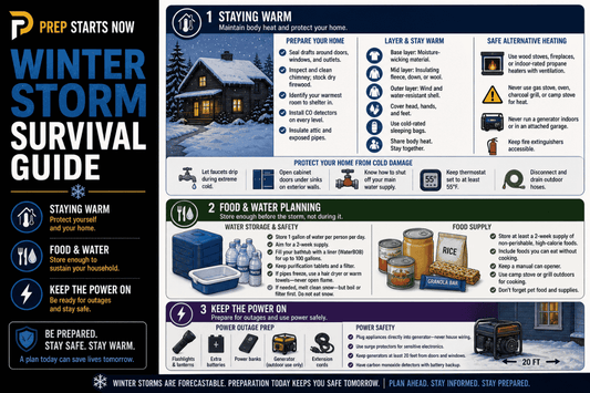 Winter storm survival infographic with sections for staying warm, food and water planning, and power outage preparation.