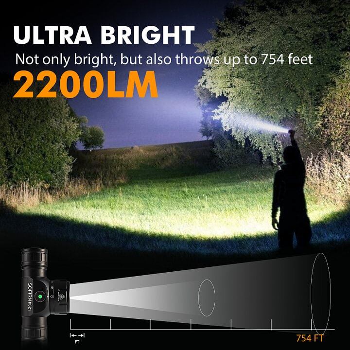 Person using a flashlight in a dark outdoor setting with text highlighting its brightness and throw distance.