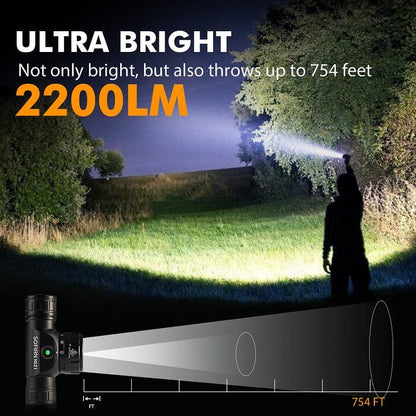 Person using a flashlight in a dark outdoor setting with text highlighting its brightness and throw distance.