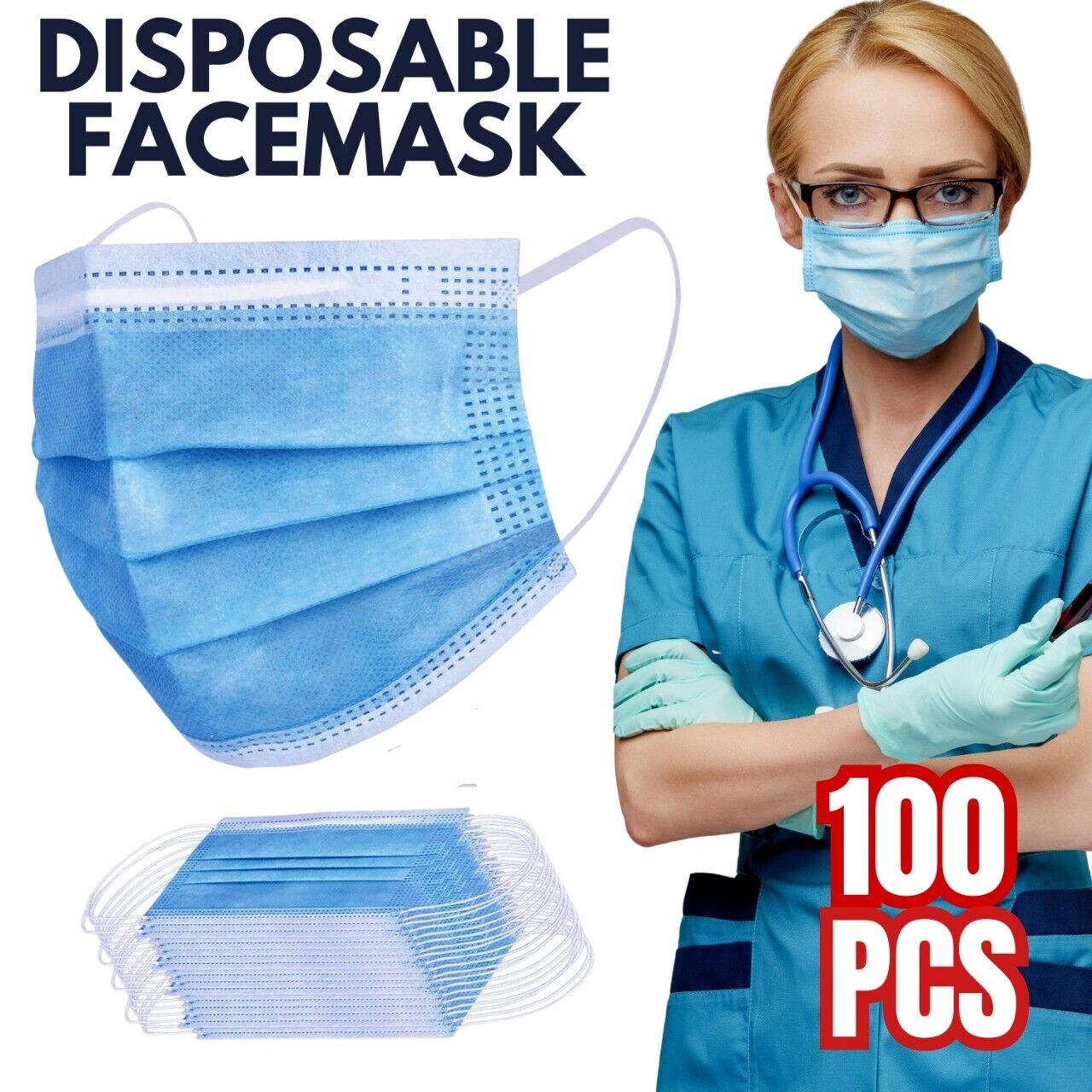 100-Pack Disposable 3-Ply Face Masks for Adults & Teens | Comfortable, Breathable, and Secure Protection - Blue