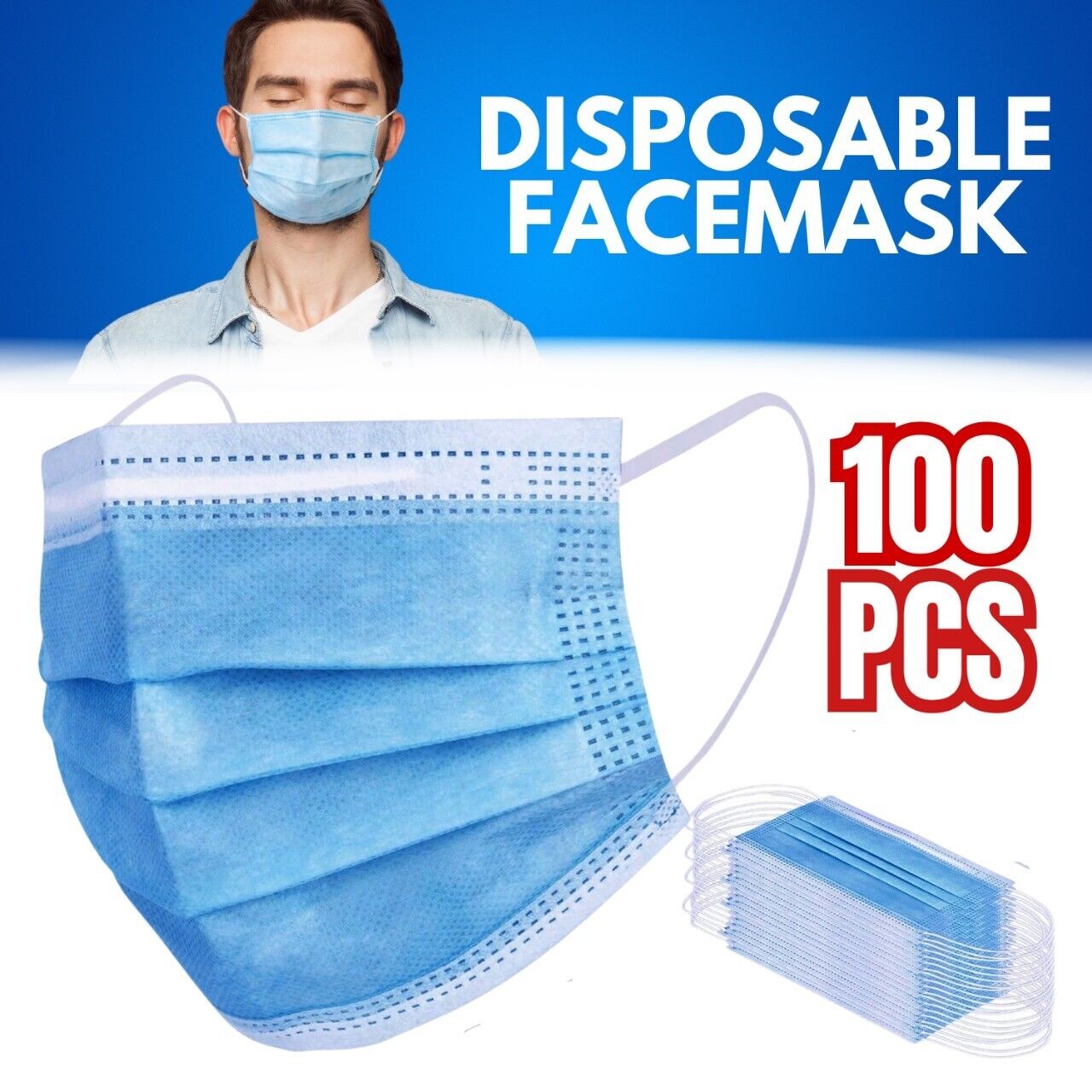 100-Pack Disposable 3-Ply Face Masks for Adults & Teens | Comfortable, Breathable, and Secure Protection - Blue