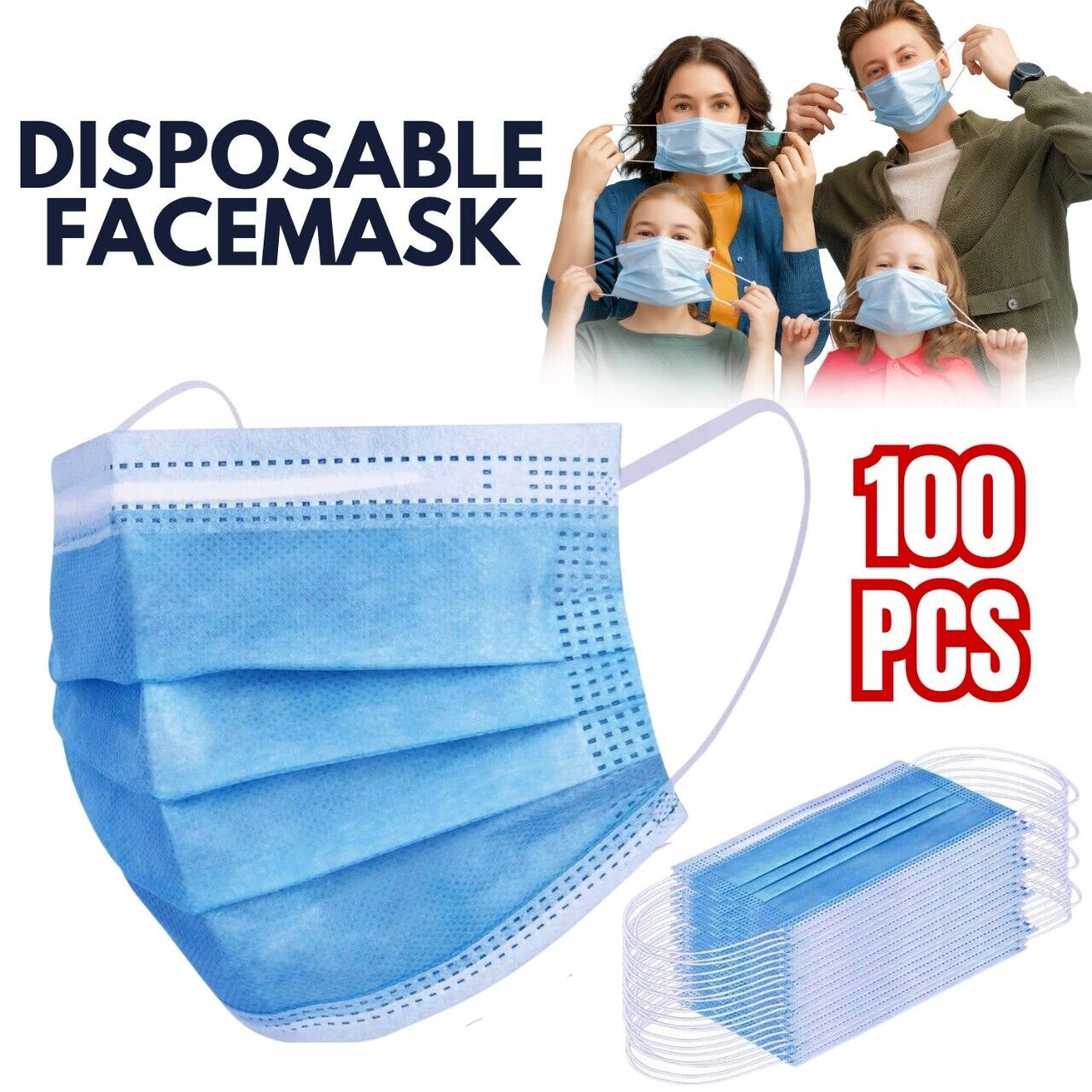 100-Pack Disposable 3-Ply Face Masks for Adults & Teens | Comfortable, Breathable, and Secure Protection - Blue