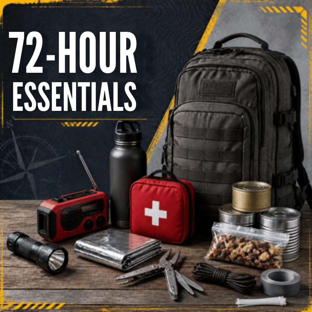 A 72-hour emergency preparedness kit arranged on a wooden surface with a large black tactical backpack as the main item. Visible contents include a red portable radio, black water bottle, red first aid pouch with a white cross, flashlight, folding knife, foil blanket, rope, tape, canned food, nuts, and other survival supplies.
