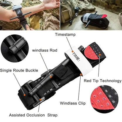 Detailed view of a tactical device with labeled parts and close-up shots.