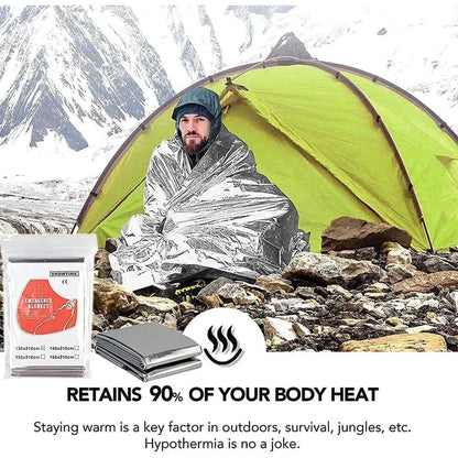 Person wrapped in a silver mylar blanket in front of a green tent with mountain background