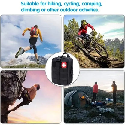 Multimedia collage of outdoor activities with a focus on a black medical bag featuring a red cross.
