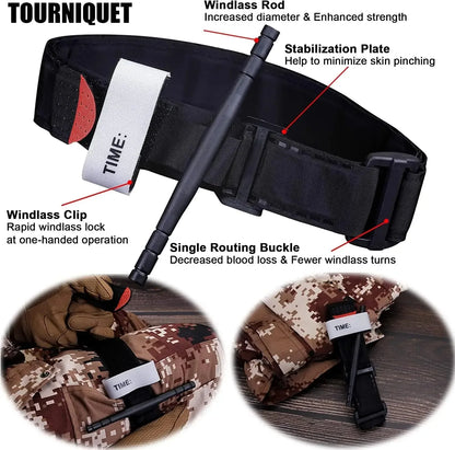 Tourniquet with labeled components and usage on camouflage fabric