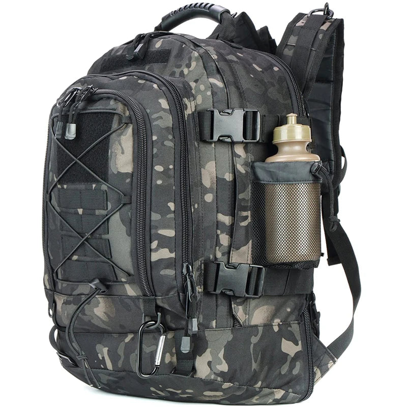 Camouflage backpack with water bottle holder on a white background