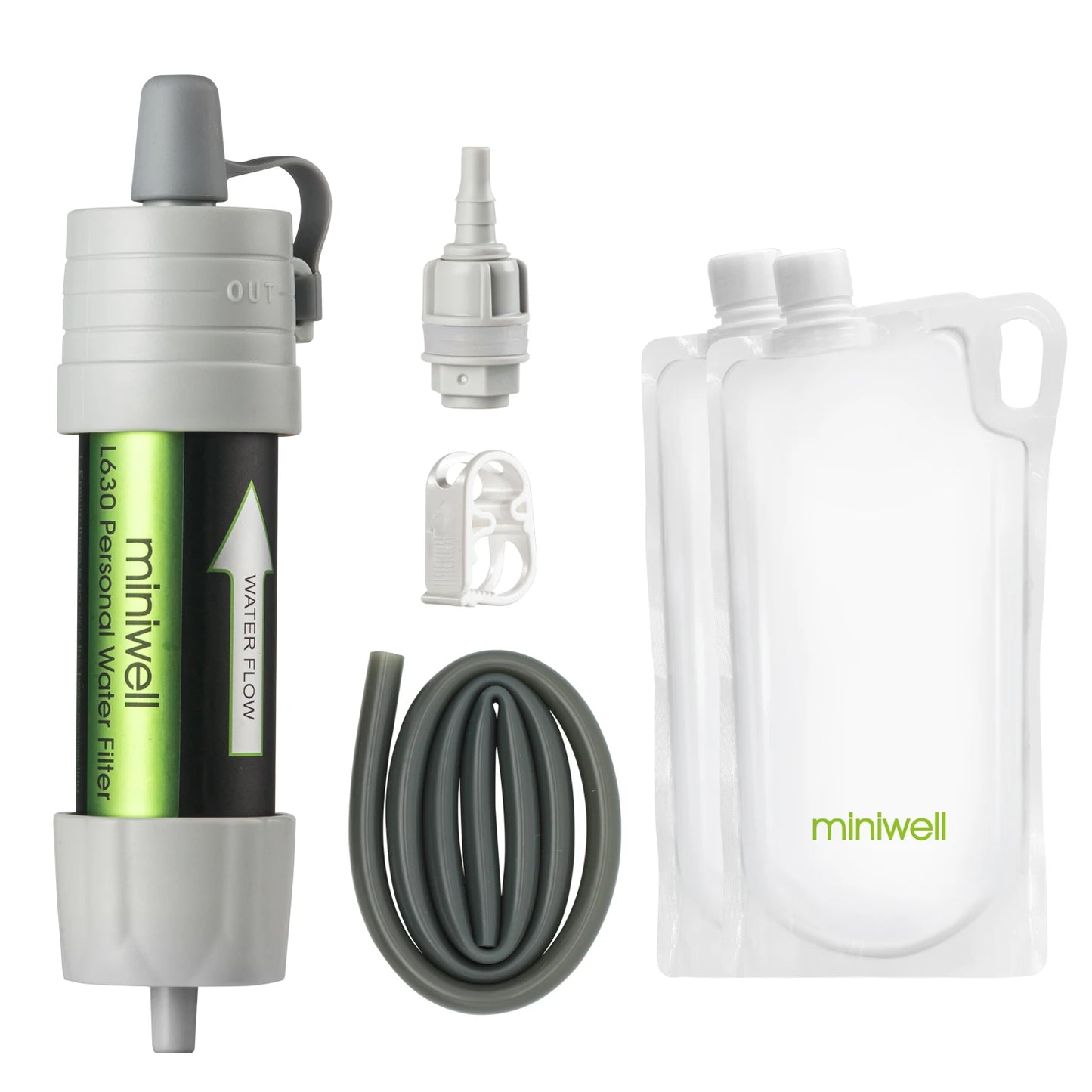 miniwell water filter system with components on a white background