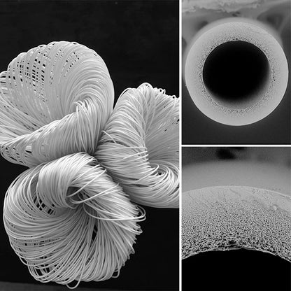 Collage of microscopic images of a twisted fiber, cross-section, and surface texture.