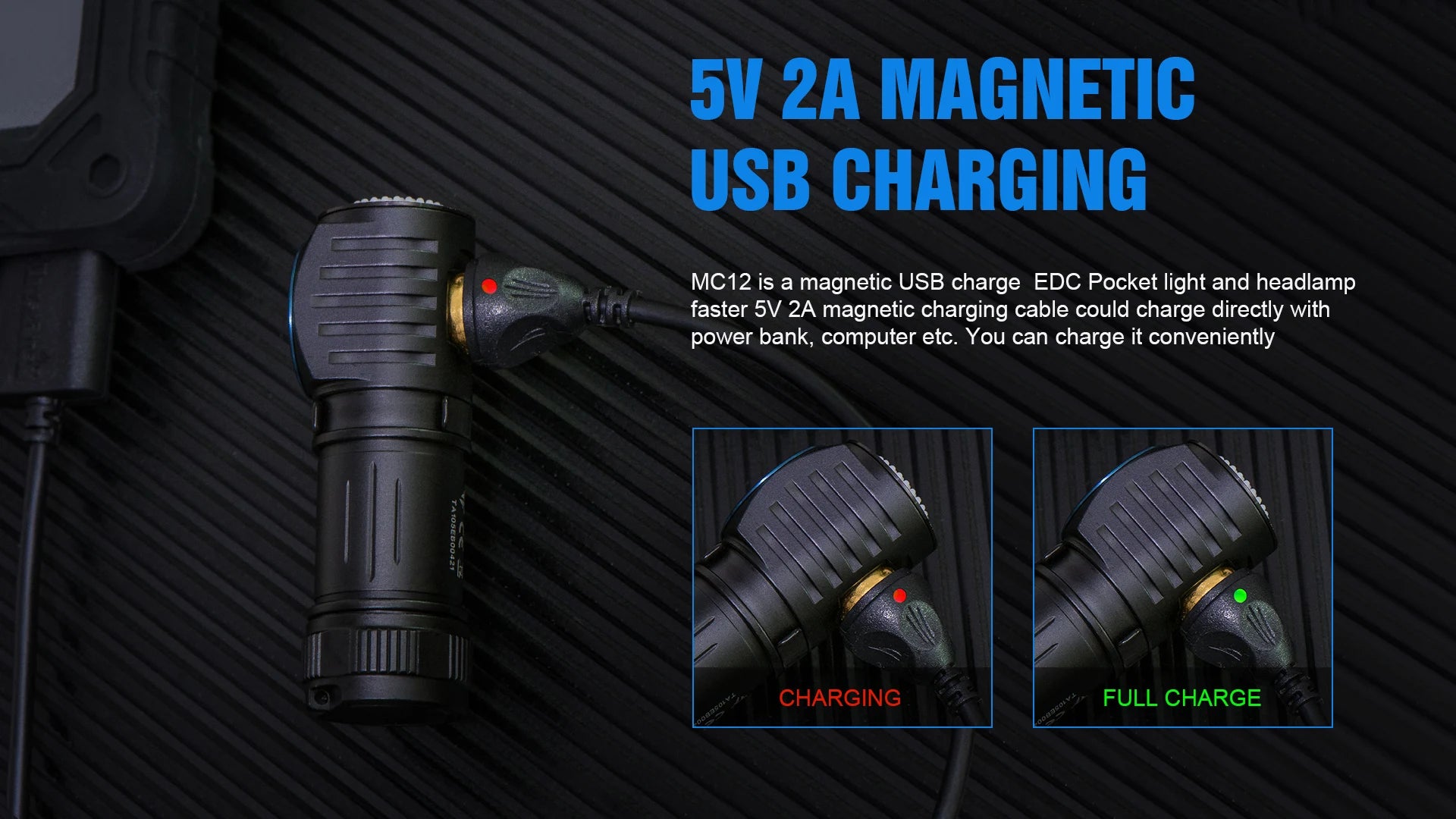 Magnetic USB charging feature of a flashlight on a dark textured background