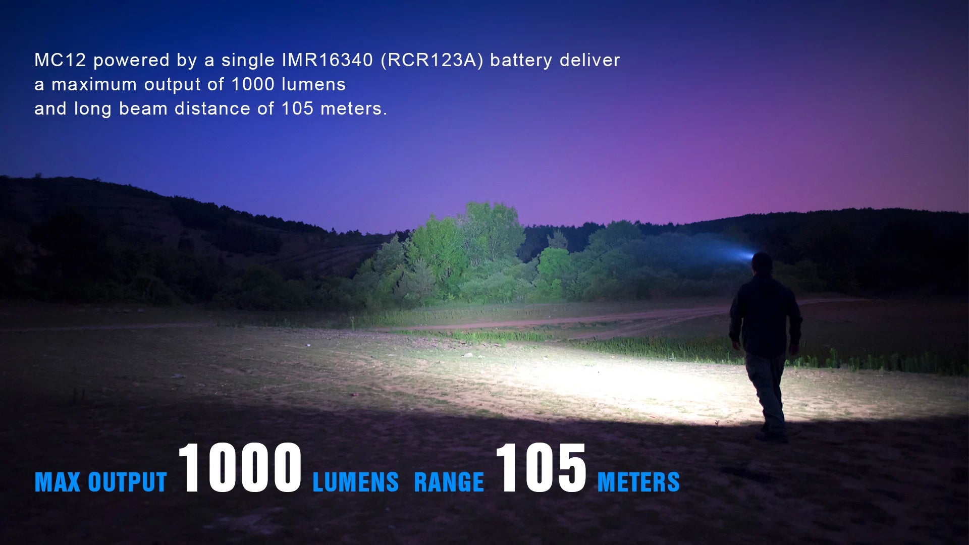 Person walking with a flashlight in a dark outdoor setting, highlighting light output and range.
