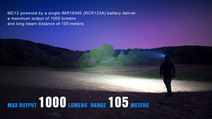 Person walking with a flashlight in a dark outdoor setting, highlighting light output and range.