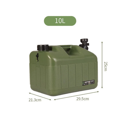 Green 10L fuel container with dimensions on a white background