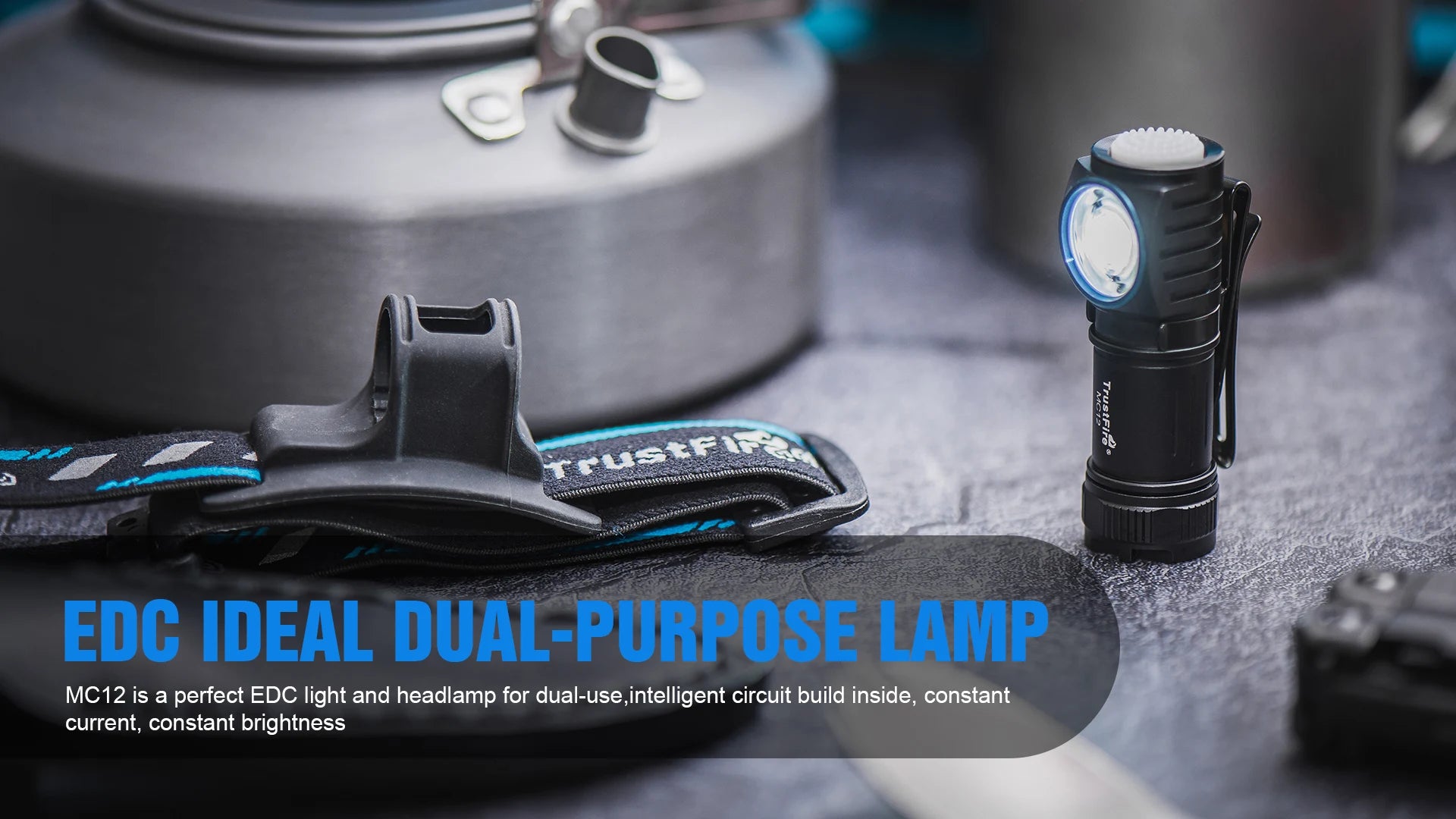 Dual-purpose lamp with headband on a dark surface