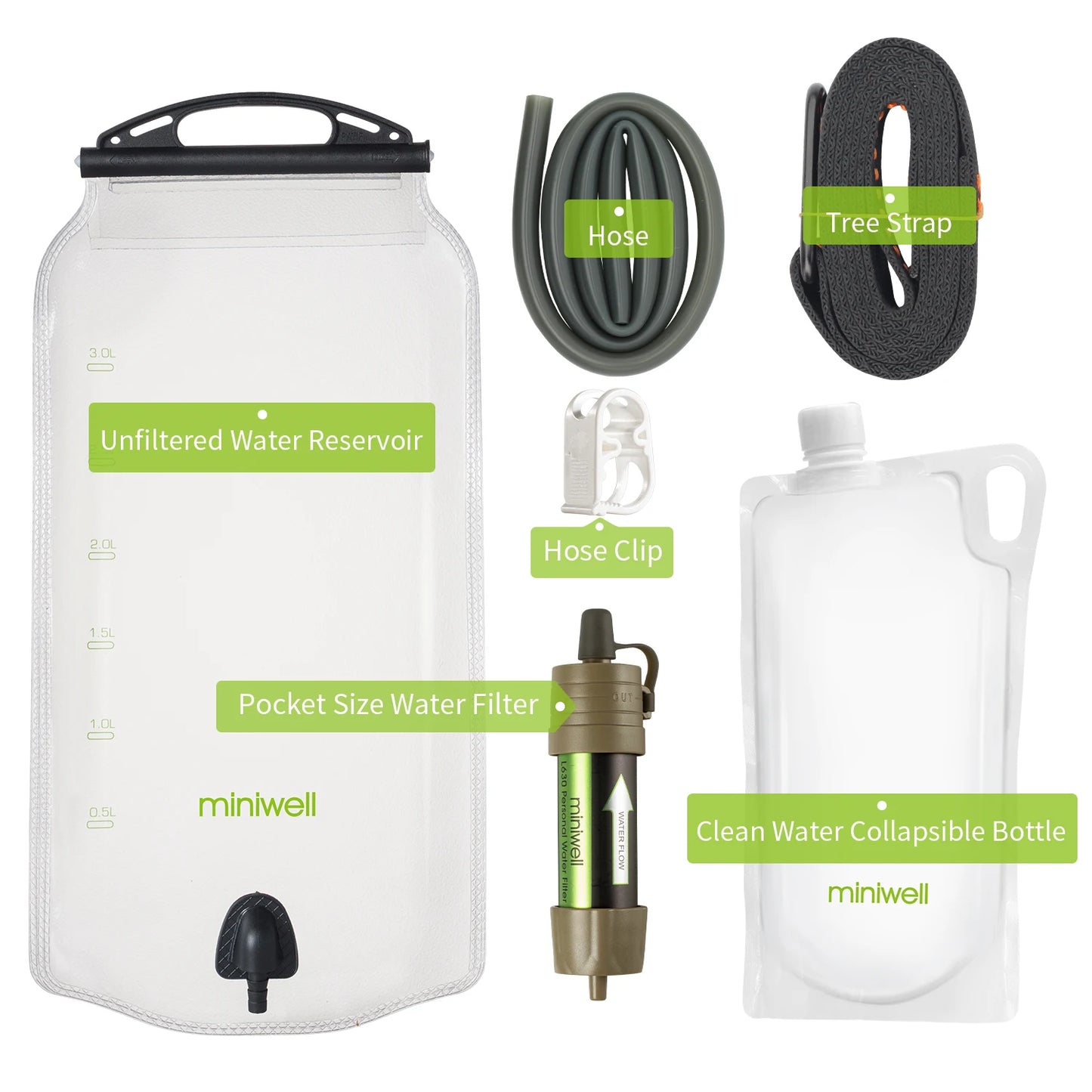 Collection of miniwell water filtration and storage products including a reservoir, hose, tree strap, hose clip, and bottle.