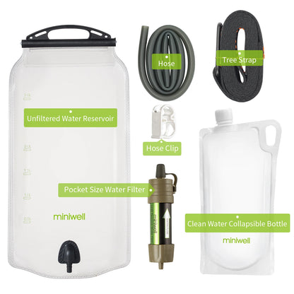 Collection of miniwell water filtration and storage products including a reservoir, hose, tree strap, hose clip, and bottle.