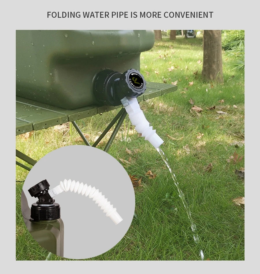 Folding water pipe system attached to a green water container on grass