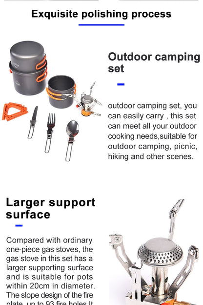 Outdoor camping set with cookware and gas stove on a white background