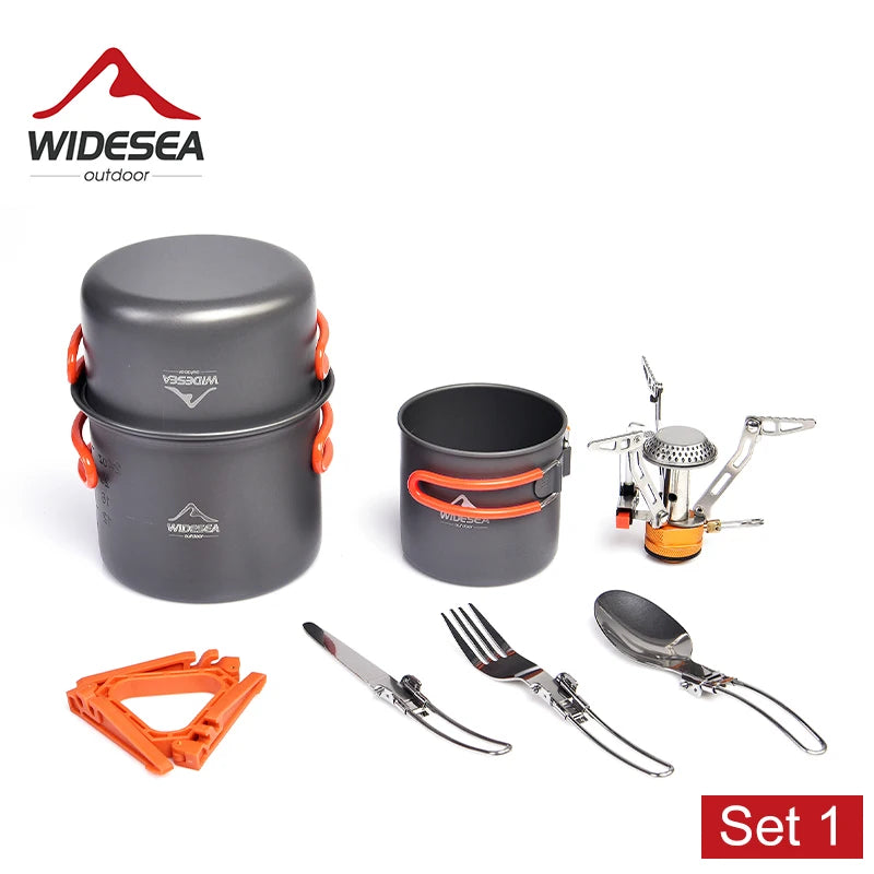WideSea outdoor cooking set with pots, utensils, and stove on a white background