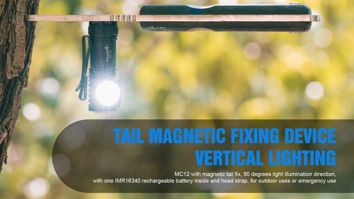 Tail magnetic fixing device with vertical lighting feature, hanging from a branch with a blurred natural background.