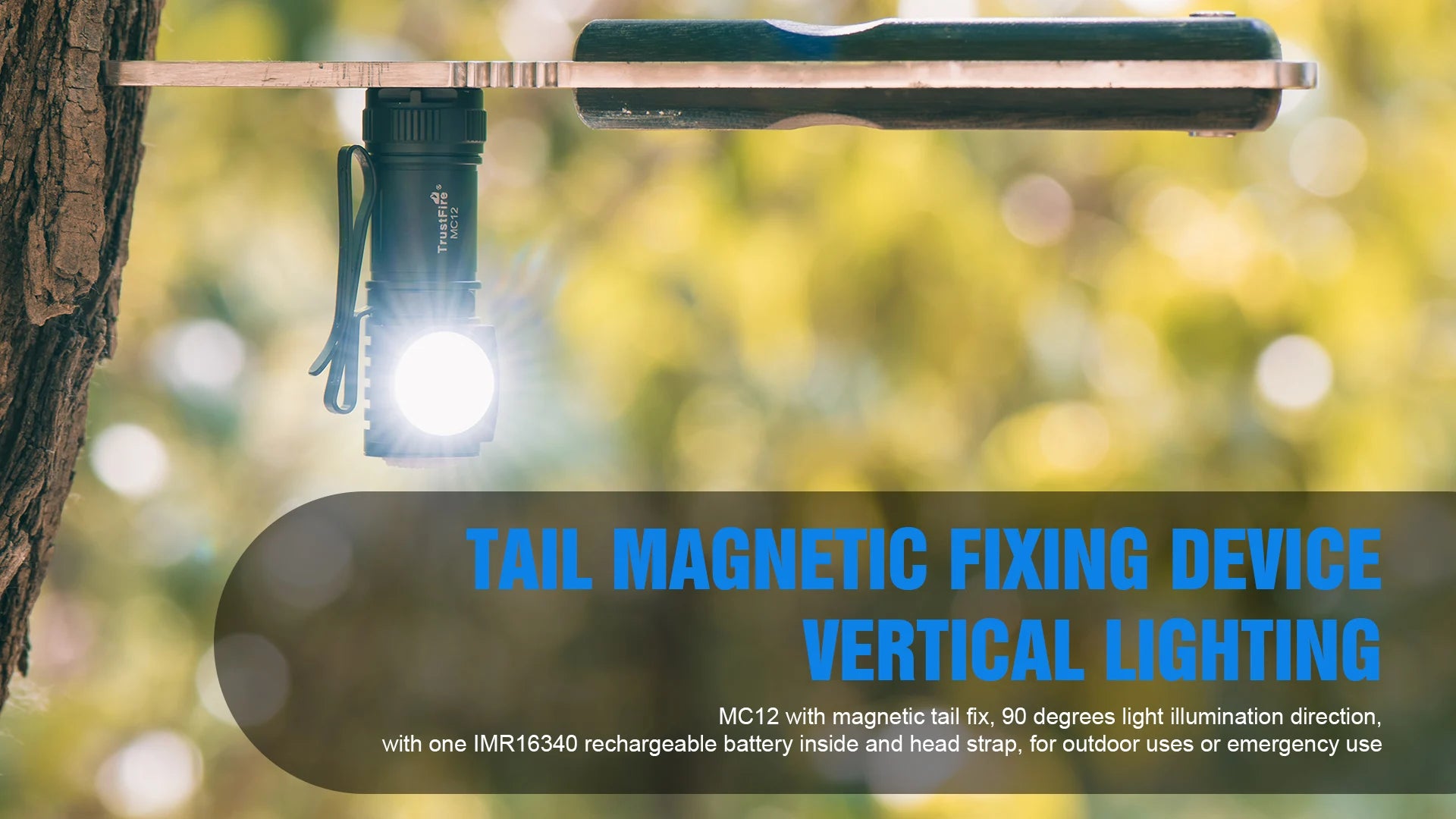 Tail magnetic fixing device with vertical lighting feature, hanging from a branch with a blurred natural background.