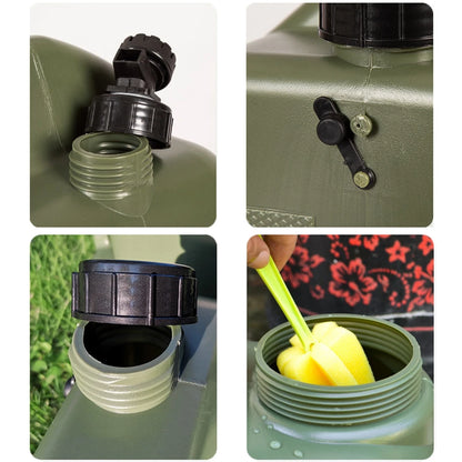 Collage of a green water container with black cap and yellow brush, on a floral background.