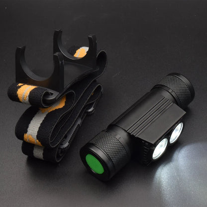 Black flashlight with green light on a dark background