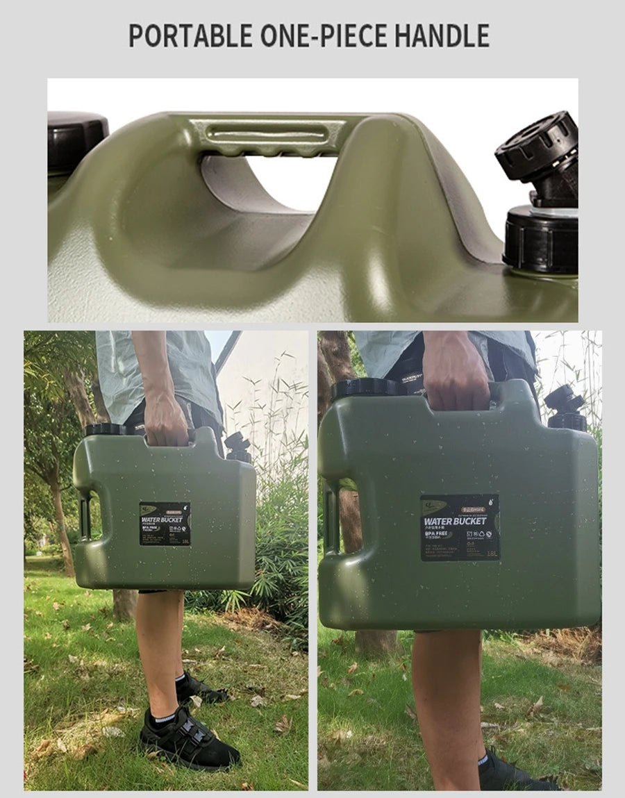 Green water bucket with a portable one-piece handle, shown in use outdoors.