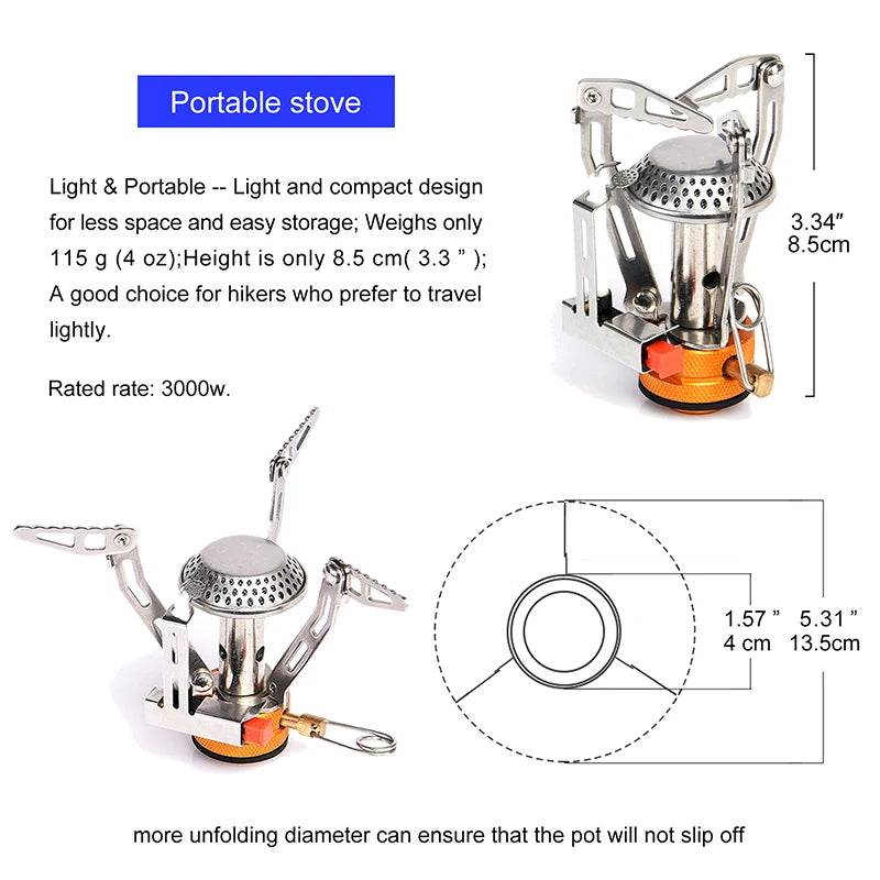Portable stove with specifications and dimensions on a white background