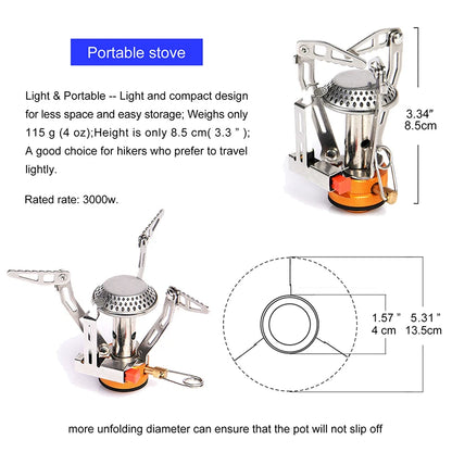 Portable stove with specifications and dimensions on a white background