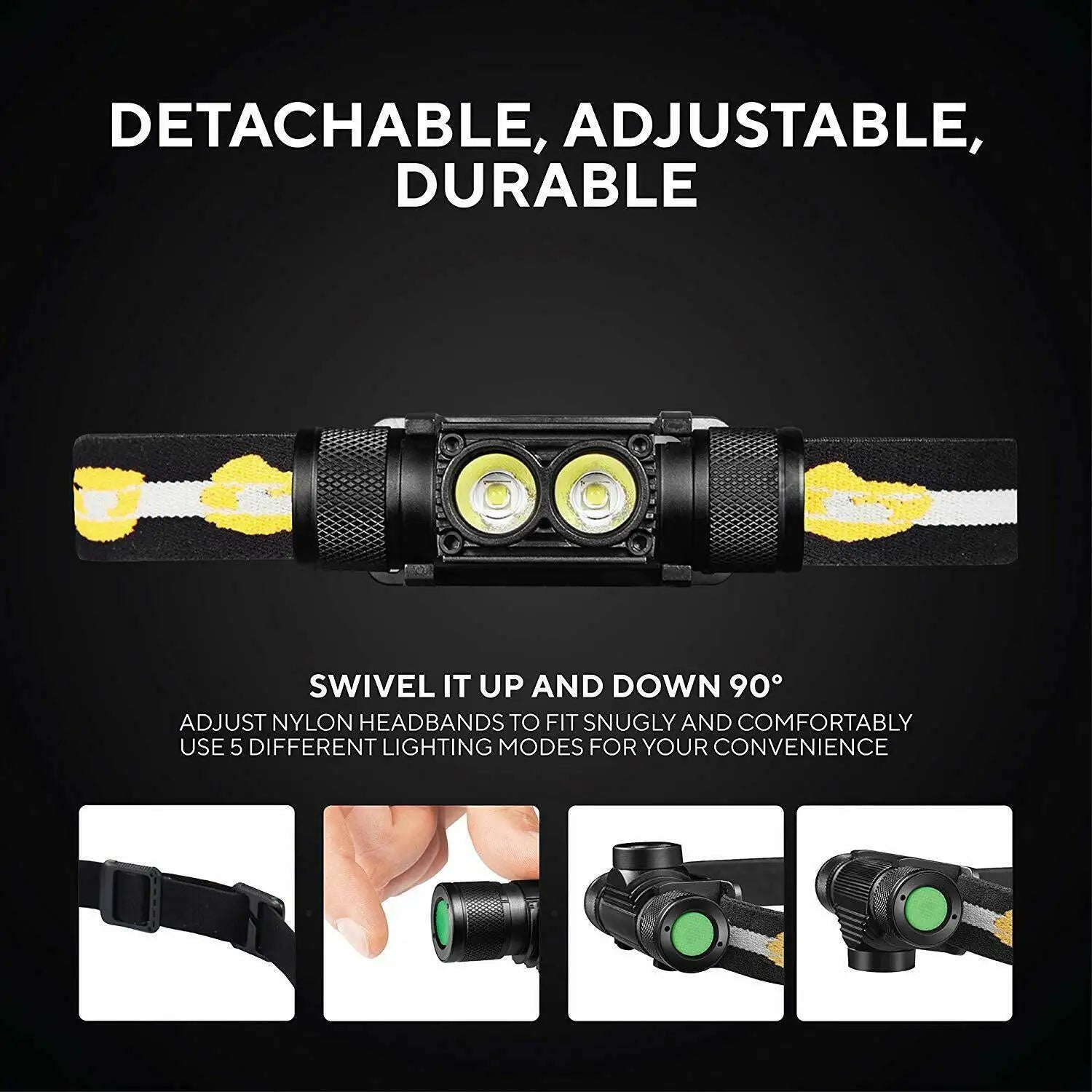Headlamp with adjustable features on a black background