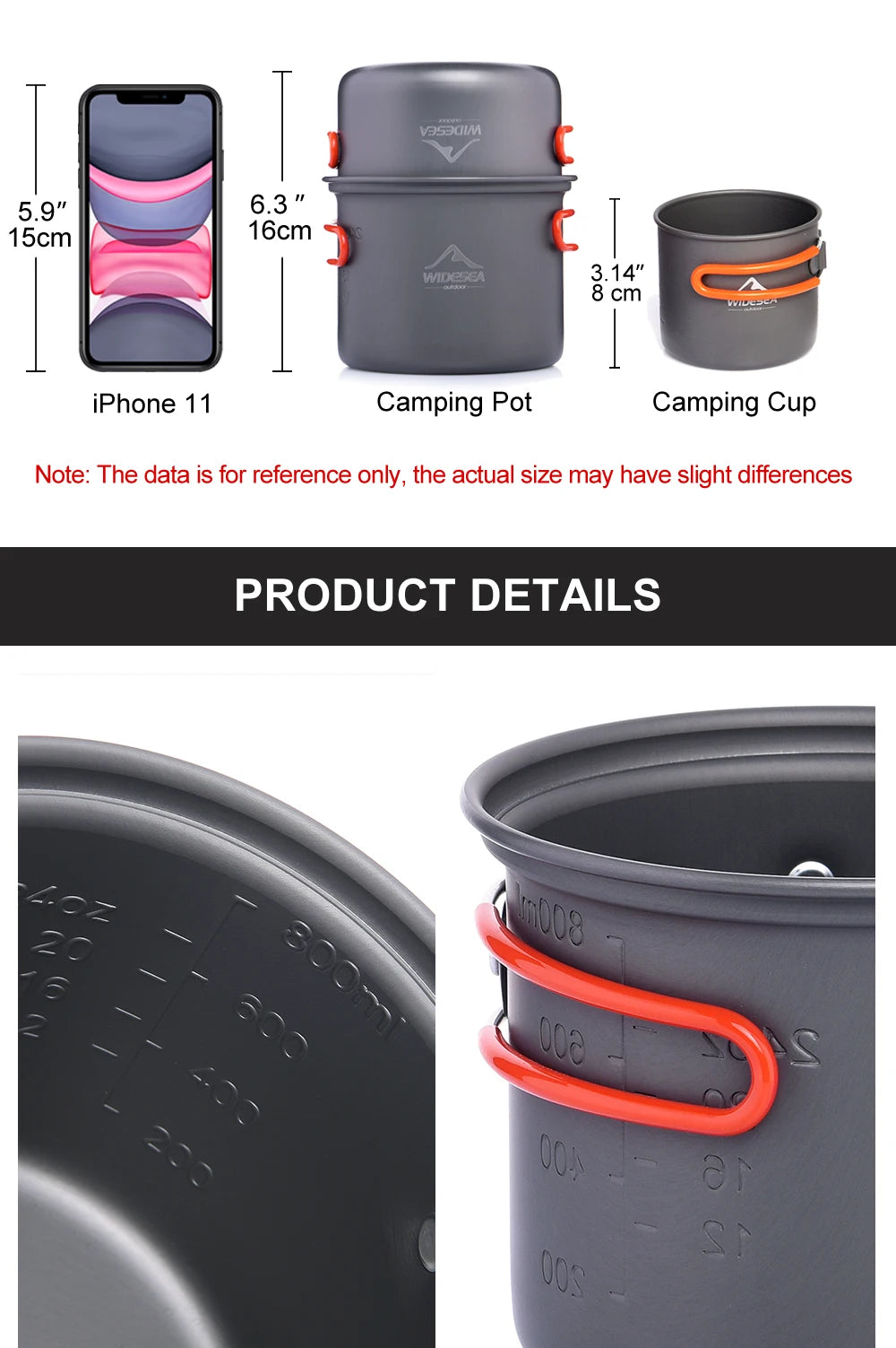 Camping pot and cup with dimensions compared to a smartphone, featuring the brand 'MOMO'.